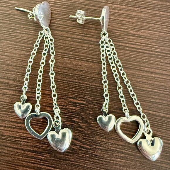 NEW Triple Heart Earrings Silver Plated Hollow Heart Drop Earrings - Picture 9 of 9